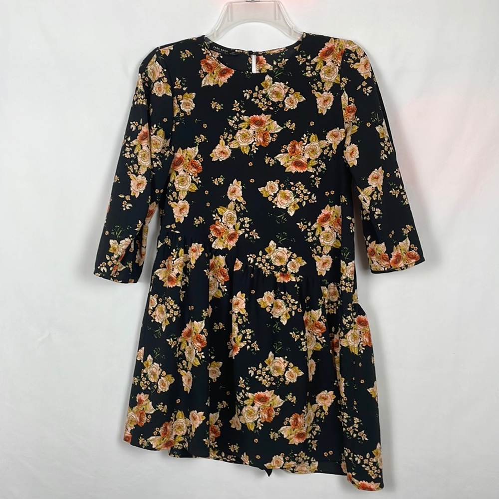 Zara Basic Asymmetrical Black w/Gold Floral Print Mini Dress Romper - Size XS